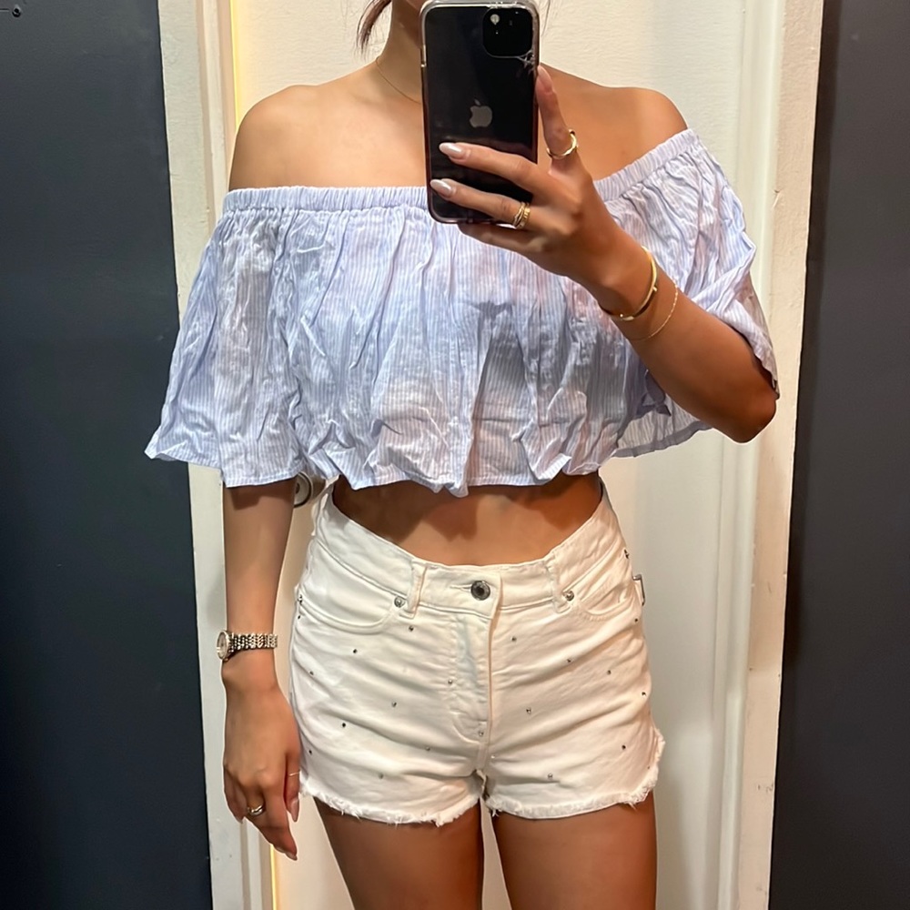 NWT LF SEEK blue striped off the shoulder flowy crop top M
